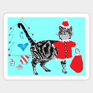 Santa Paws Tabby Cat Christmas Drawing Aqua Blue Sticker